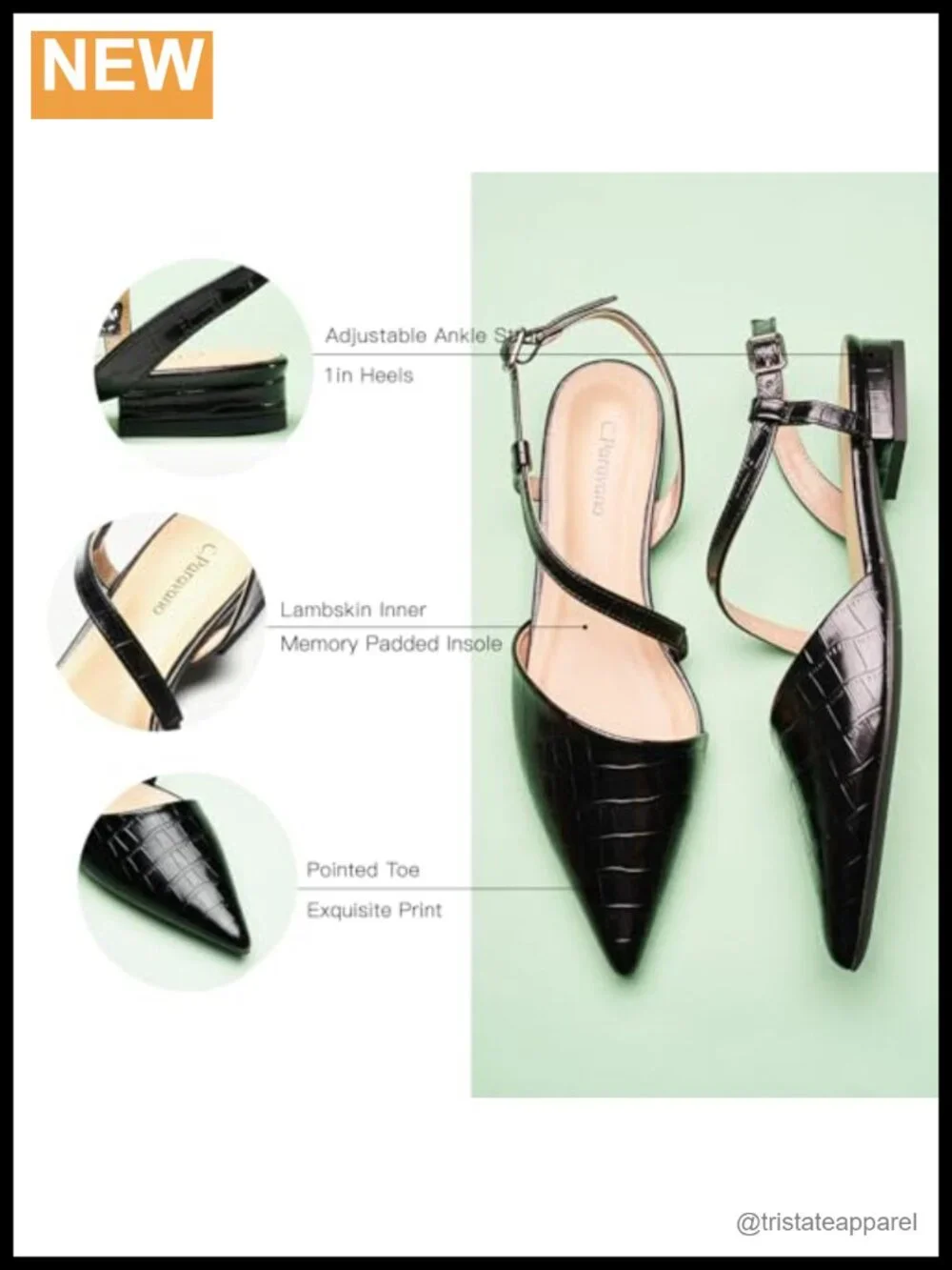 Slingback Flats Pointed Toe Lambskin Insole Block Heel Croc Embossed